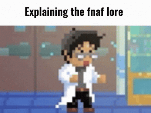 Pixel Art Man in Lab Coat and Glasses Explaining FNAF Lore