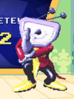 Pixel Art Man In Red Coat Beside Stool Cartoon GIF
