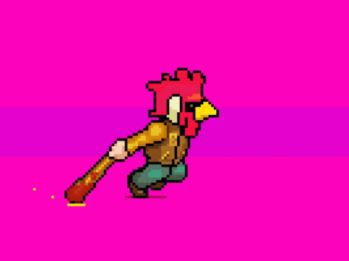 Pixel Art Man With Chicken Head Holding Baseball Bat