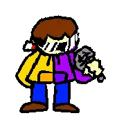 Pixel Art Man with Microphone in Yellow and Purple Jackets