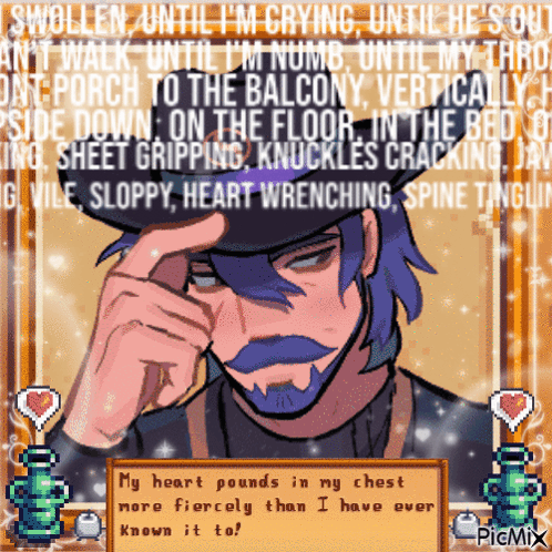 Pixel Art Man With Mustache and Hat Saying Swollen Until Im Crying
