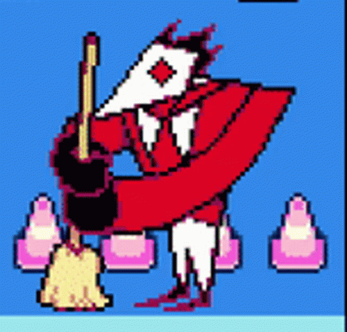 Pixel Art Monster Holding Broom and Bucket