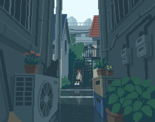 Pixel Art Person Biking Down Dark Alley GIF