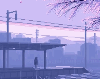 Pixel Art Person on Dock with Cherry Blossoms