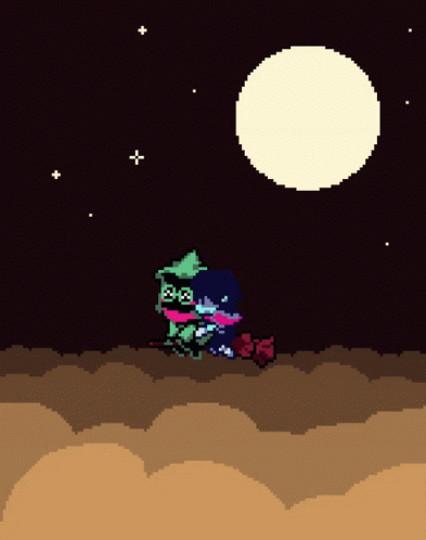 Pixel Art Person Riding Broom Under Full Moon