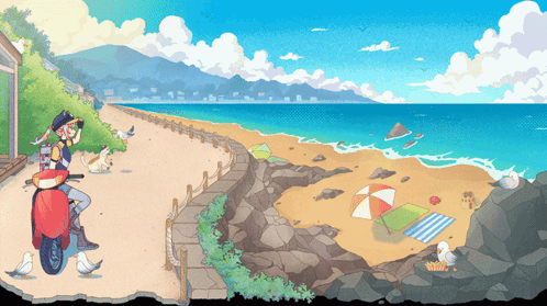 Pixel Art Person Riding Scooter On Beach GIF