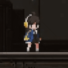 Pixel Art Person With Headphones In Front Of Yellow Arrow GIF