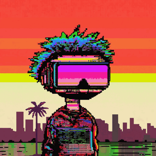 Pixel Art Person With VR Headset And Palm Tree GIF