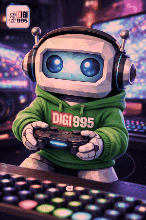 Pixel Art Robot Wearing Headphones and Digi 995 Sweatshirt