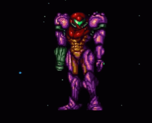 Pixel Art Samus in Purple Suit Holding Gun