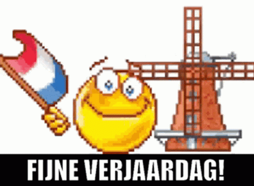 Pixel Art Smiley Holding Flag and Windmill fijne verjaardag