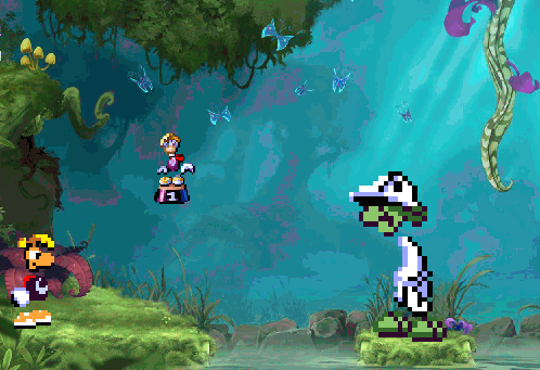 Pixel Art Swamp Scene with Frog and Man
