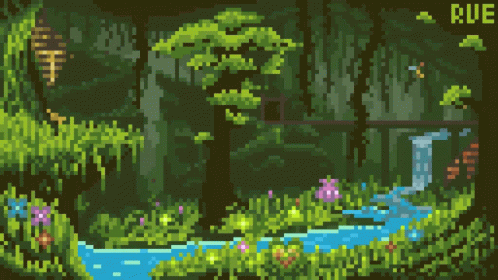 Pixel Art Waterfall in Forest with Rue