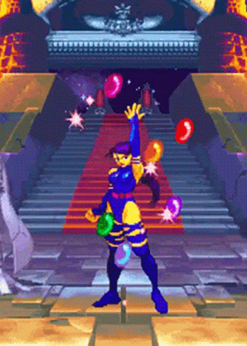 Pixel Art Woman Holding Balloons in Front of Staircase