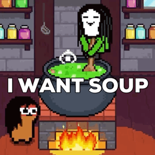 Pixel Art Woman in Cauldron Saying I Want Soup