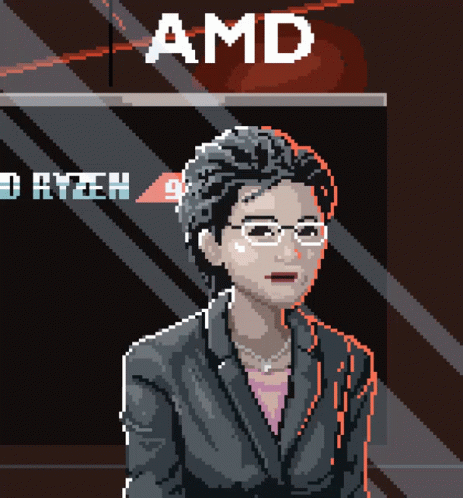 Pixel Art Woman Sitting in Front of AMD Sign