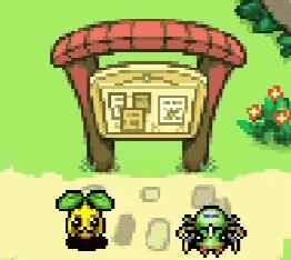 Pixel Art Wooden Sign With Red Roof And Plants GIF