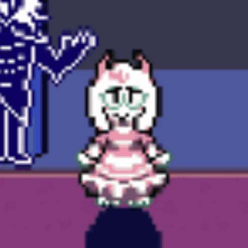 Pixel Cat In Glasses And Pink Dress With Skeleton GIF
