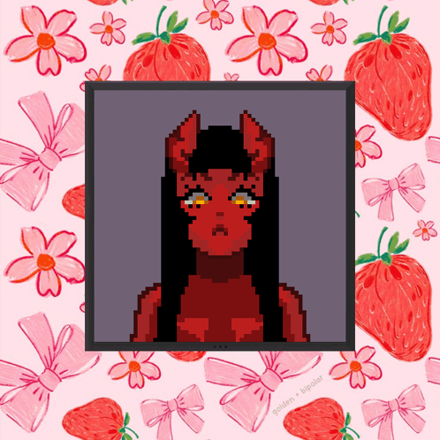 Pixel Demon With Strawberry Background
