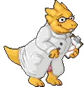 Pixel Dinosaur in Lab Coat Holding Clipboard and Bottle