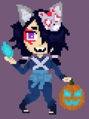 Pixel Person Holding Pumpkin Blue