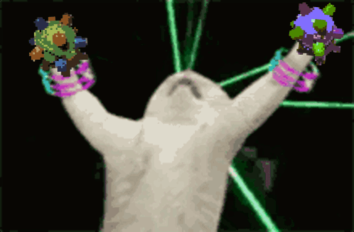 Pixelated Cat Holding Green and Purple Object