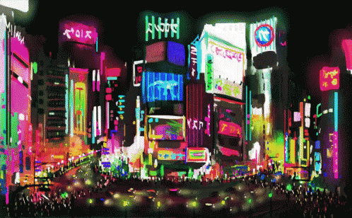 Pixelated City At Night With Tokyo Sign GIF