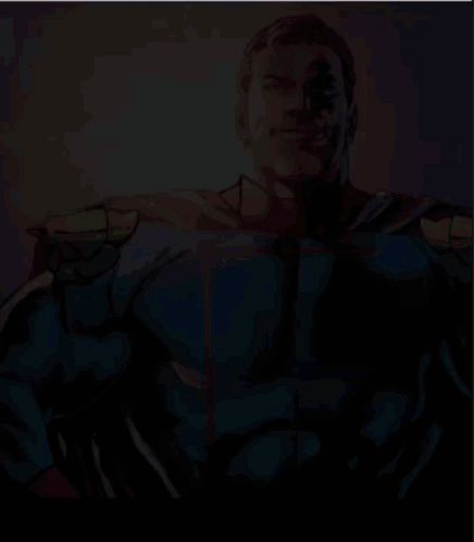 Pixelated Man in Blue and Gold Superhero Costume