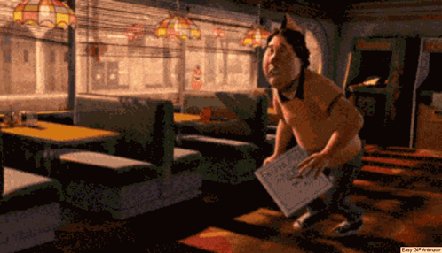 Pixelated Man in Diner Holding Menu