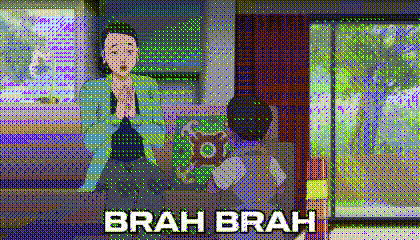 Pixelated Woman Sitting In Living Room Saying Brah Brah GIF