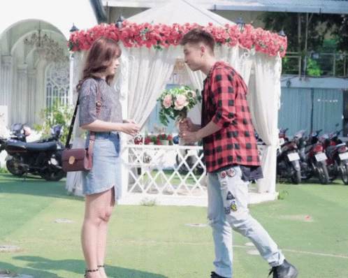 Plaid Shirt Man Holding Bouquet To Woman GIF