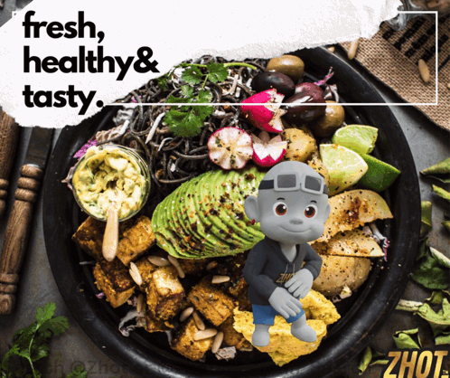 Plate Of Food Saying Fresh Healthy And Tasty GIF