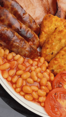 Plate of Food With Beans and Sausages