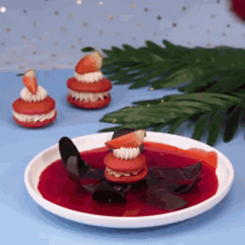 Plate Of Food With Strawberry On Blue Table GIF