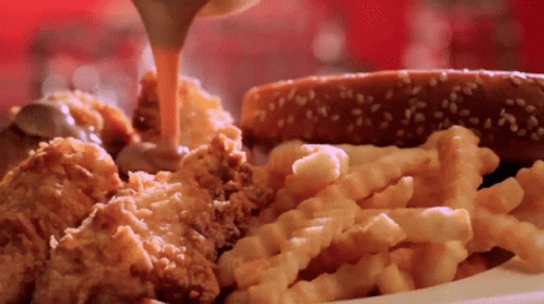 Plate of Fried Chicken, French Fries, and Pretzel