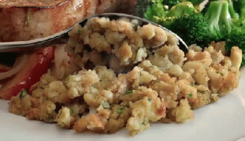 Plate With Stuffing, Broccoli, and Spoon