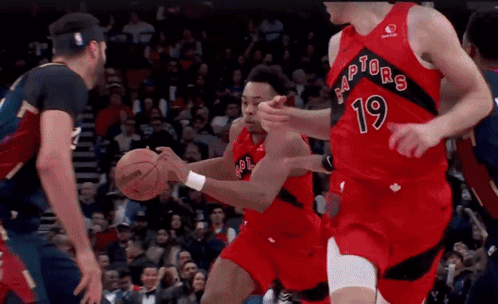 player number 19 for the raptors dribbles the ball