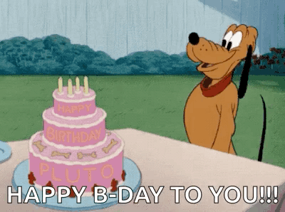 Pluto Beside Birthday Cake Happy B-Day to You