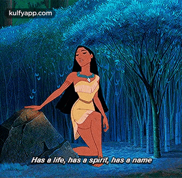 Pocahontas Kneeling on Rock Saying Has a Life Has a Spirit Has a Name
