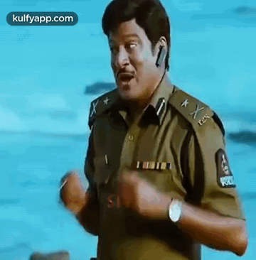 Police Man Making Funny Face by Water