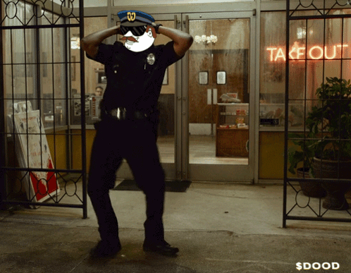 Police Officer Dancing Outside Takeout Restaurant
