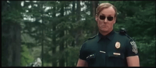 Police Officer in Sunglasses and Blue Uniform in Woods