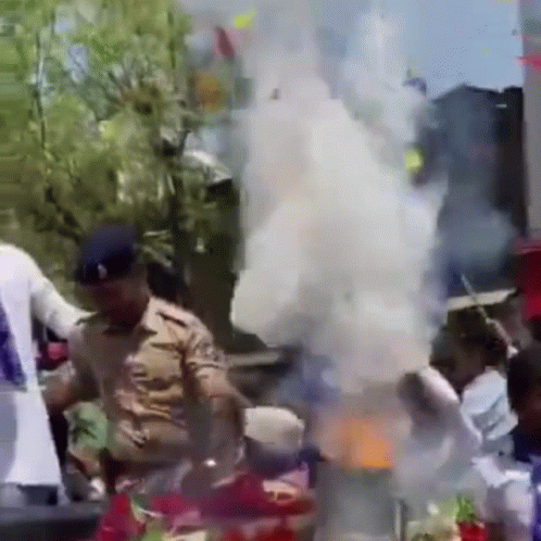 Police Officer Standing in Front of Crowd With Smoke