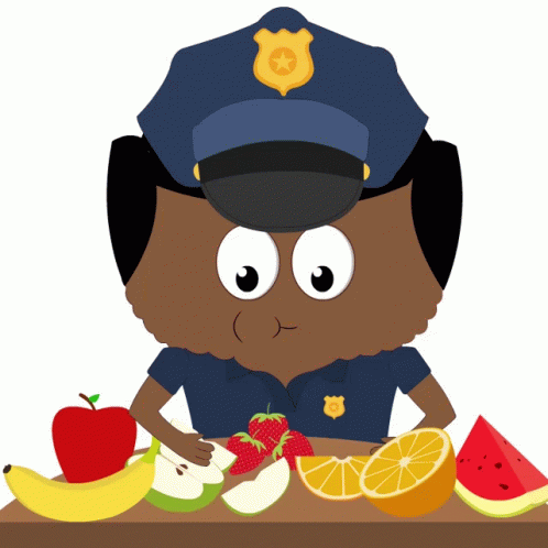 Police Officer Surrounded by Fruit