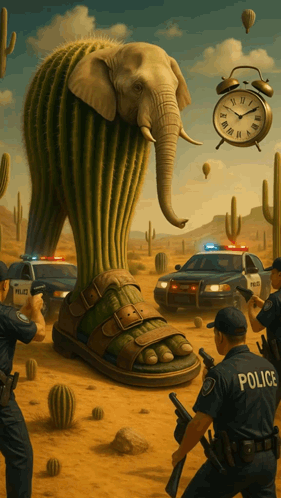 Police Officers Standing Near Giant Elephant in Desert