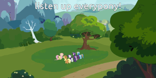 Ponies in a Park Saying Listen Up Everypony
