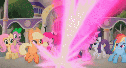 Ponies Standing Before Pink Lightning Bolt