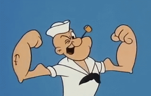Popeye The Sailor Is Flexing His Muscles In A Cartoon While Holding A Pipe . GIF