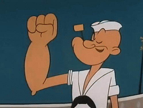 Popeye The Sailor Is Flexing His Muscles In A Cartoon While Standing On A Boat . GIF