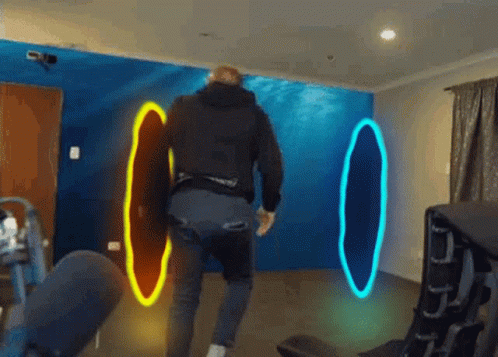 Blue And Yellow Portals Confused Man Can't Choose 498 X 357 Gif GIF
